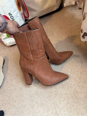 Croc-Embossed Pointed Toe Ankle Boots in Brown
